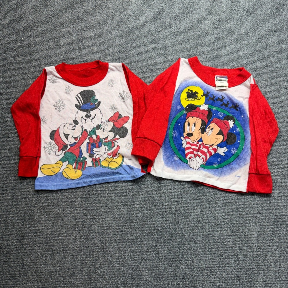 Vintage Disney Mickey Mouse Christmas Pajama Tops Set of 2 Red White Toddler 2T